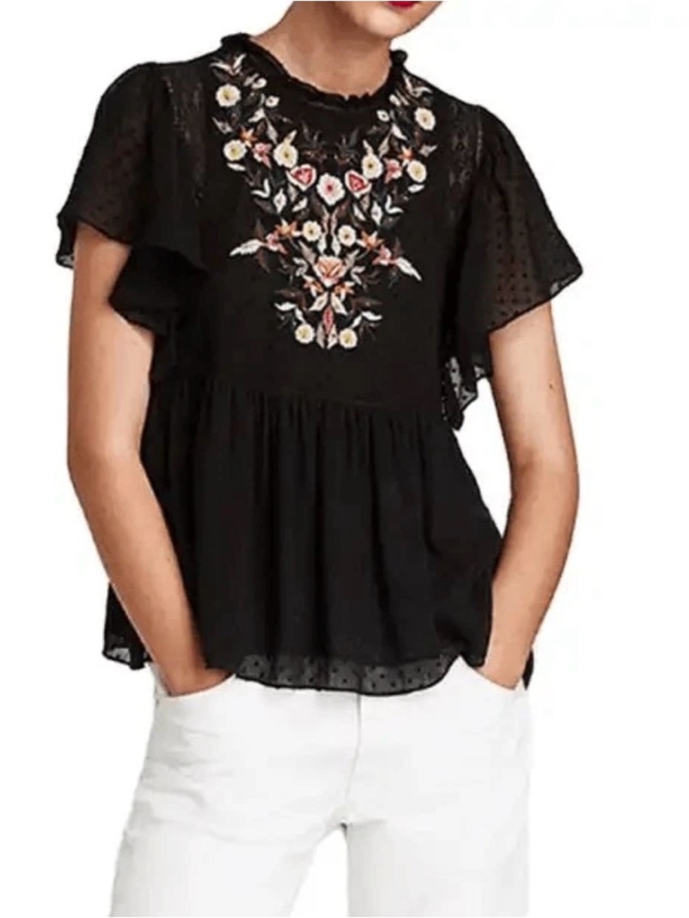 Zara Black Embroidered Babydoll Top Blouse Like New Floral Flutter Sleeve